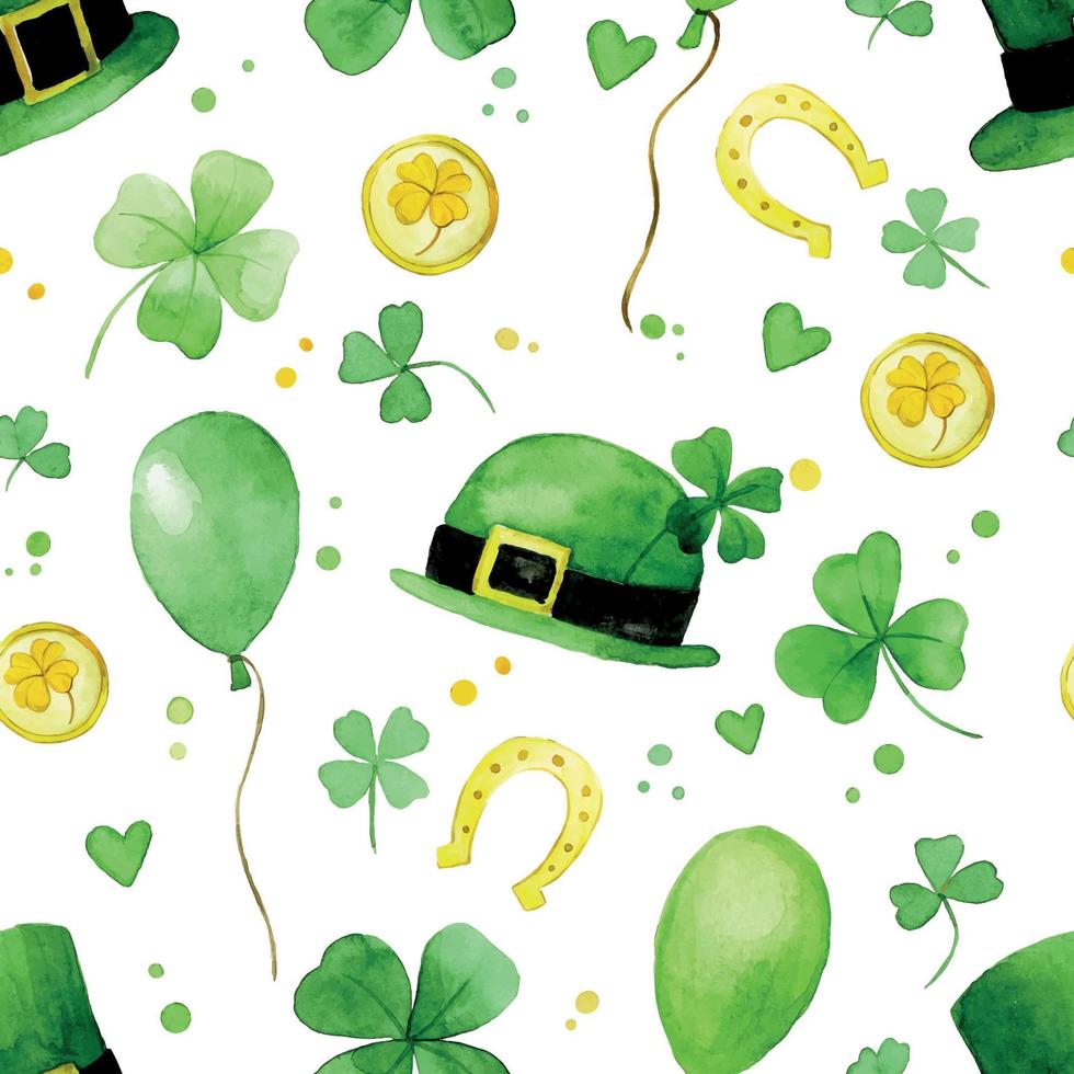 aquarel naadloos patroon op het thema van st. Patrick's dag. schattige print met groene elementen van klavertje vier, hoefijzers, gouden munten. vector