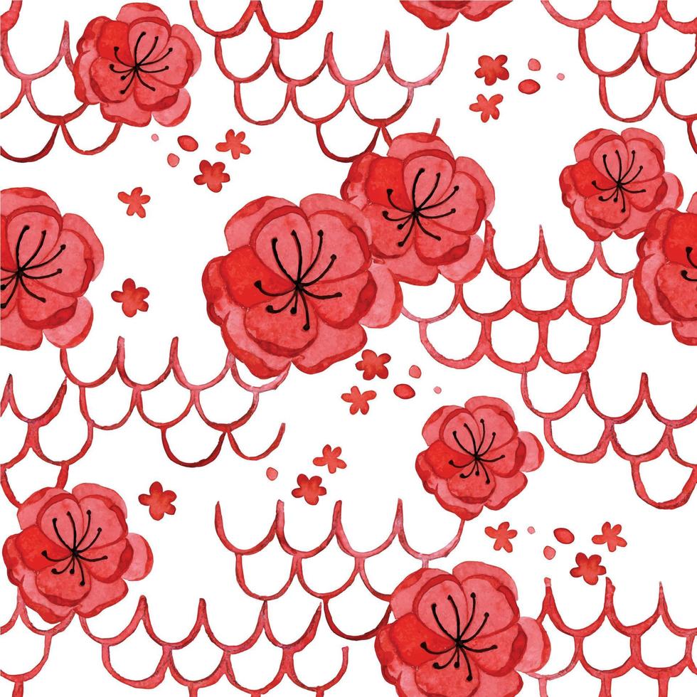 naadloze aquarel patroon. Chinees Nieuwjaar. roze sakura bloemen en drakenschubben op een witte achtergrond. oosterse print vector
