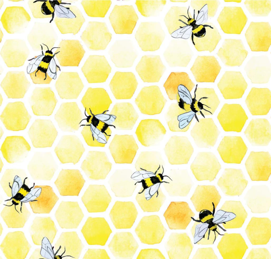 aquarel naadloos patroon met bijen en honingraat. leuke achtergrond met gele honingraten en bijen, handtekening. landbouwsymbool, honing, milieuvriendelijke gezonde producten vector