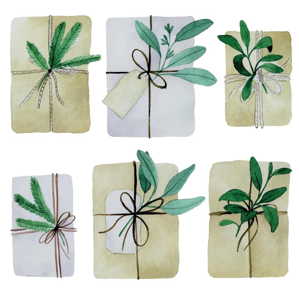 aquarelset met kerstcadeaus in boho-stijl, natuurlijke materialen. clipart voor kerst, nieuwjaar, cadeaus in ambachtelijke papieren verpakkingen met sparren takken en eucalyptus bladeren vector