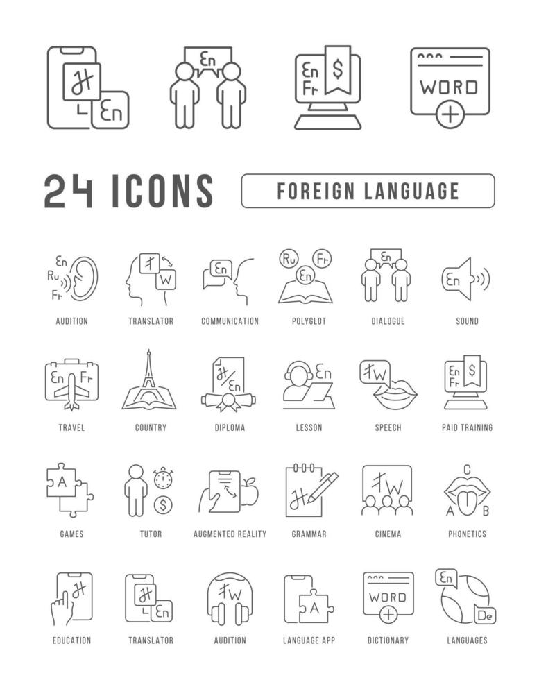 set van lineaire iconen van vreemde talen vector