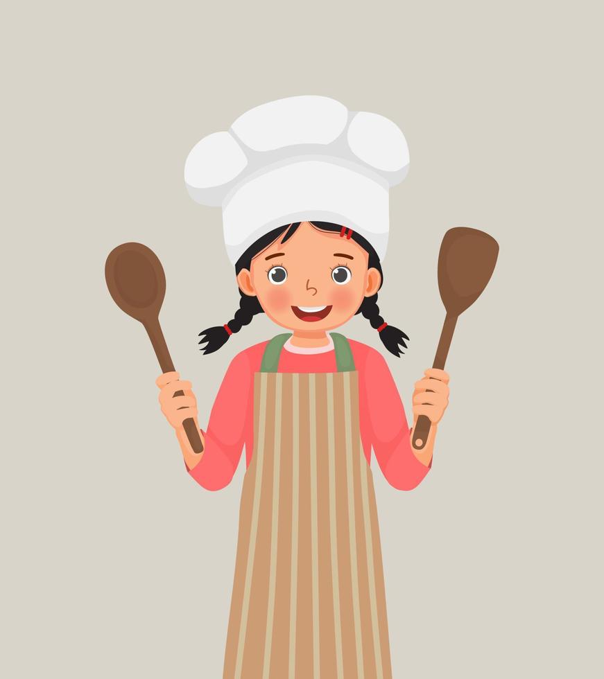 schattig klein meisje in chef-kok hoed en schort met kookgerei spatel en pollepel lepel vector