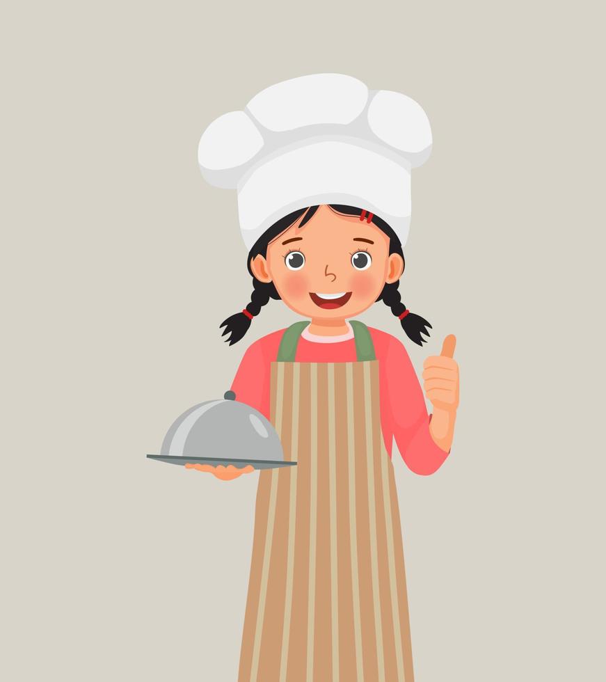 schattig klein meisje in chef-kok hoed en schort met een dienblad met duim omhoog vector