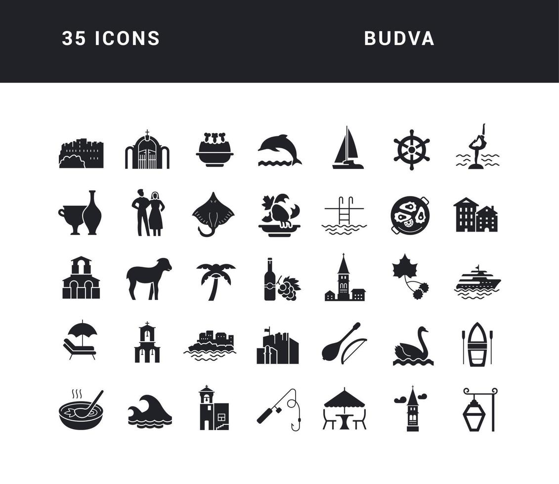 set van eenvoudige iconen van budva vector