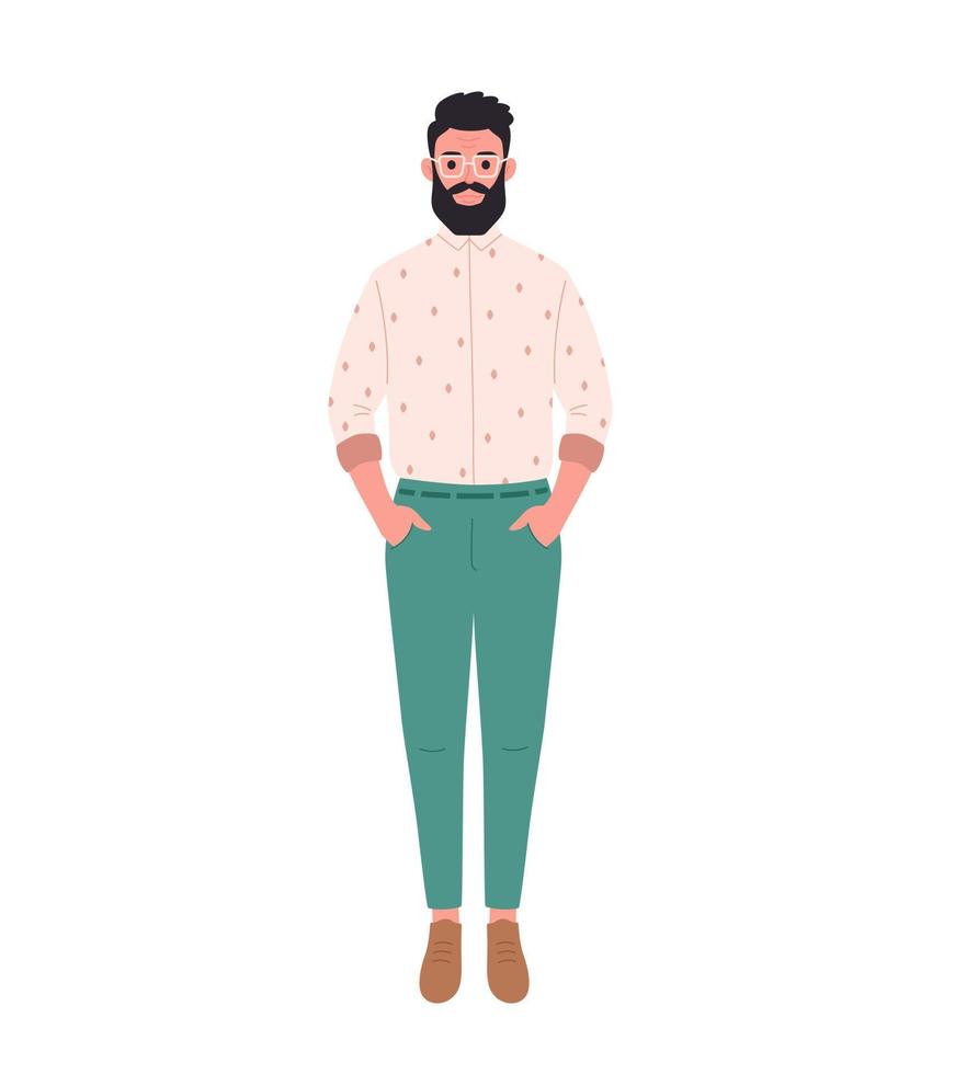 moderne volwassen man in casual of kantooroutfit en bril. stijlvolle modieuze uitstraling. vector