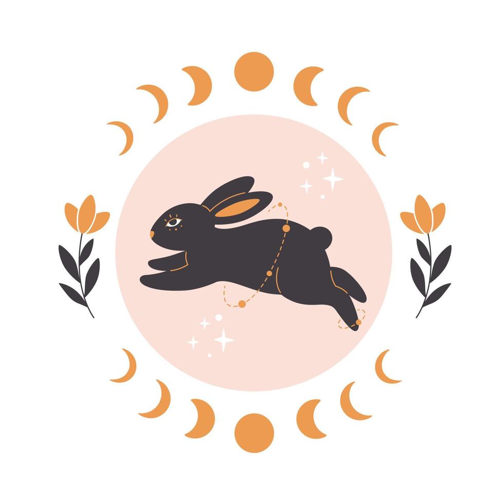 schattig konijn met astrologie, plantkunde en esoterische elementen. jaar van het konijn 2023. vector