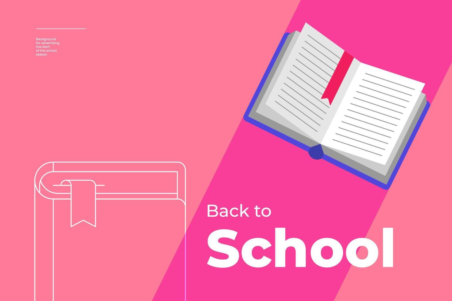 terug naar school minimale trendy horizontale poster met boek en tekst. seizoen educatieve reclame achtergrond roze kleur creatief flyer ontwerp. platte eenvoudige minimalistische vector eps banner