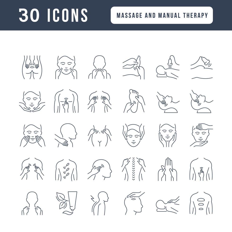 set van lineaire iconen van massage en manuele therapie vector