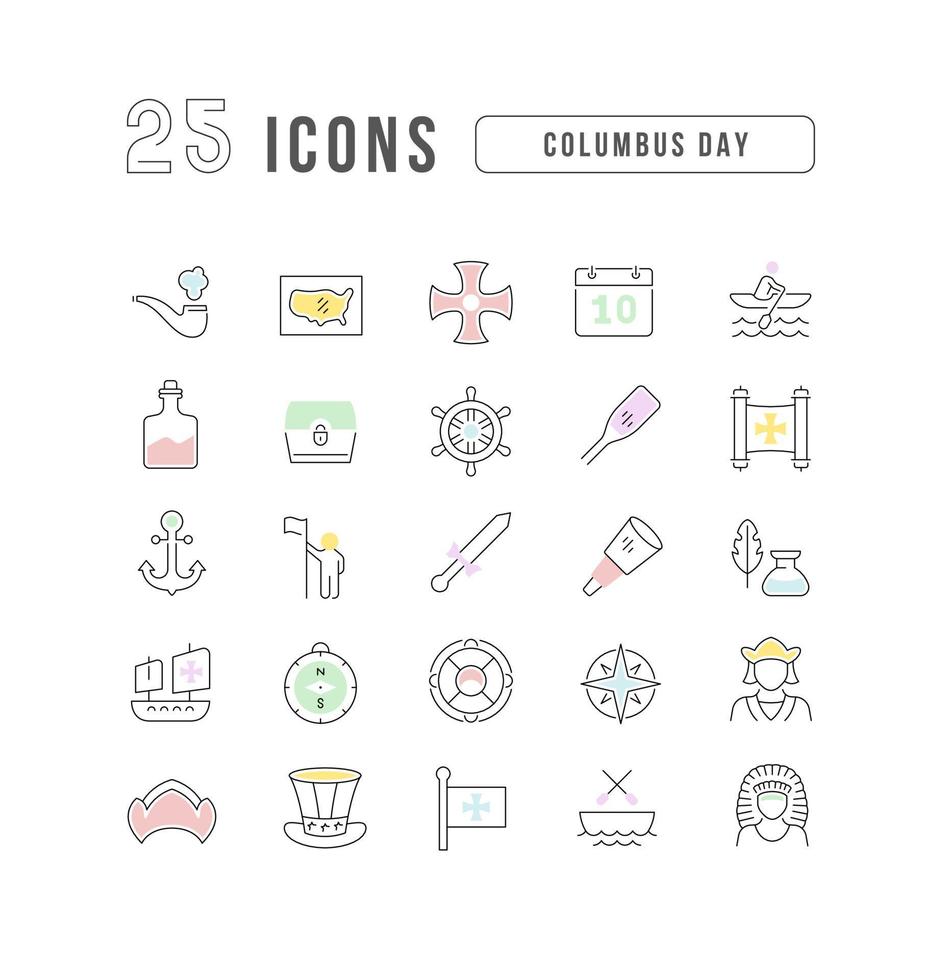 set van lineaire iconen van Columbus Day vector