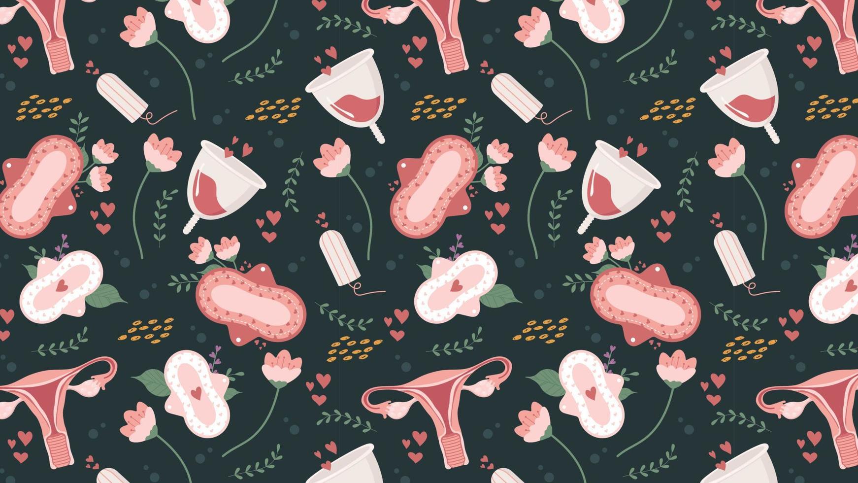 naadloos patroon met menstruatiethema, achtergrond, banner met baarmoeder, cups en pads voor vrouwelijke hygiëne. repetitieve achtergrond. kleurrijke platte vectorillustratie vector