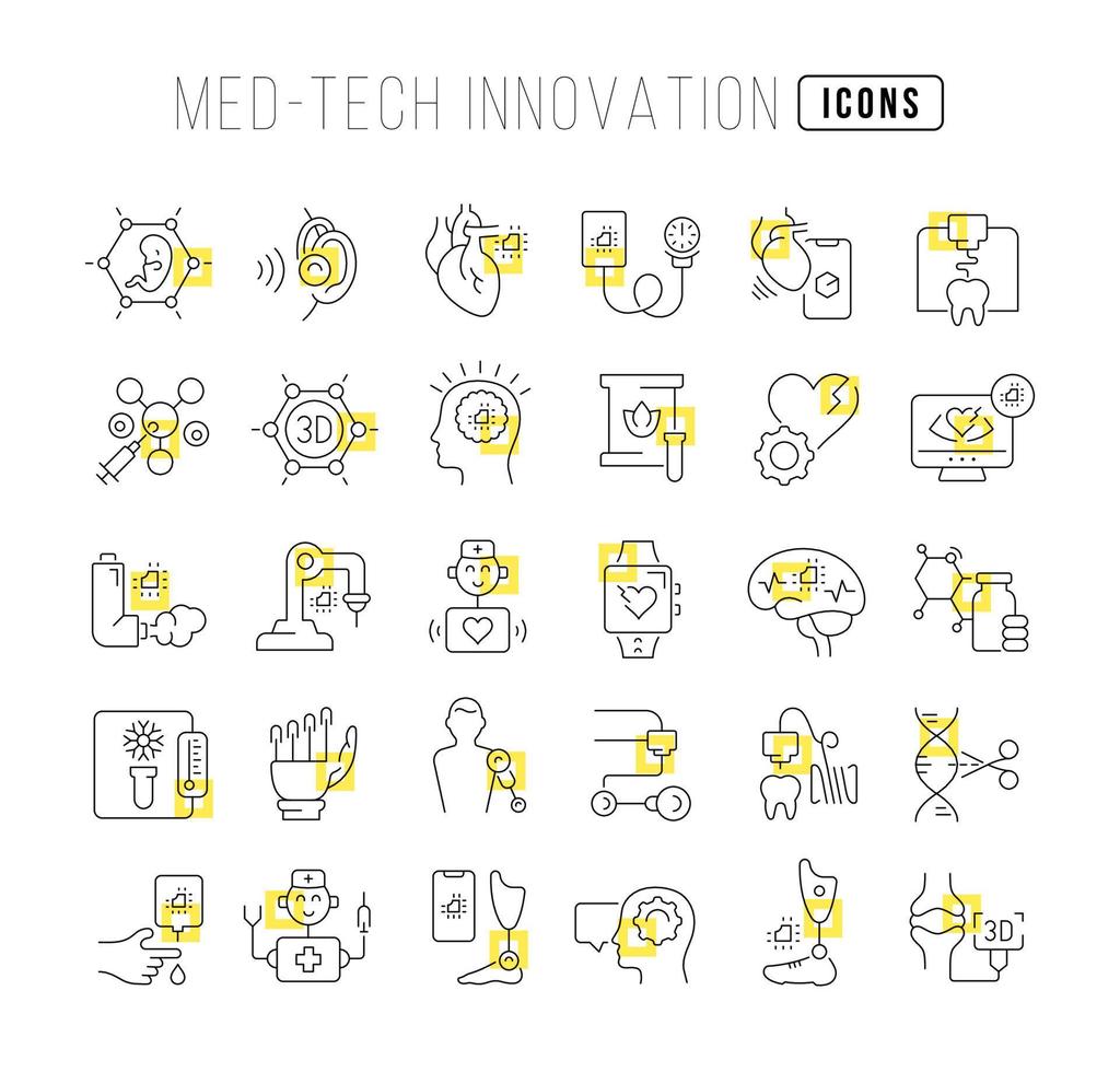 reeks lineaire iconen van med-tech innovatie vector