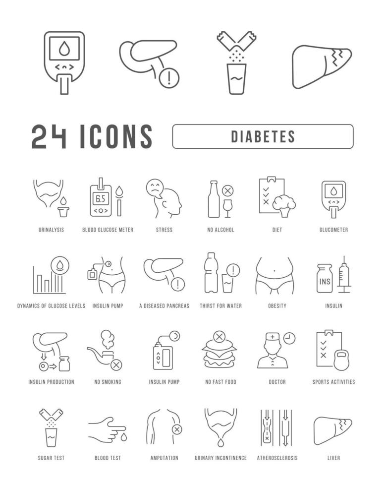 set van lineaire iconen van diabetes vector