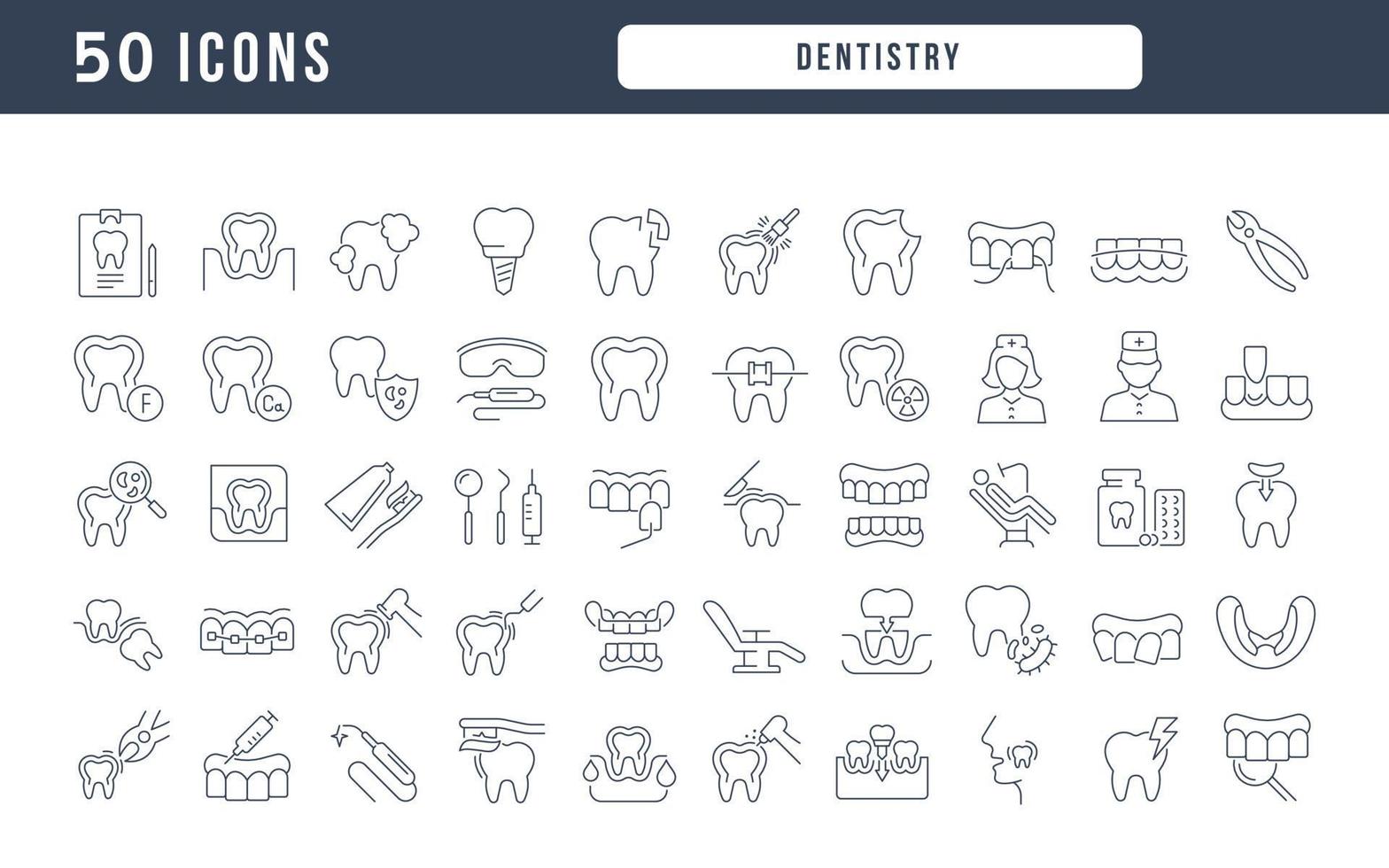 set van lineaire iconen van de tandheelkunde vector