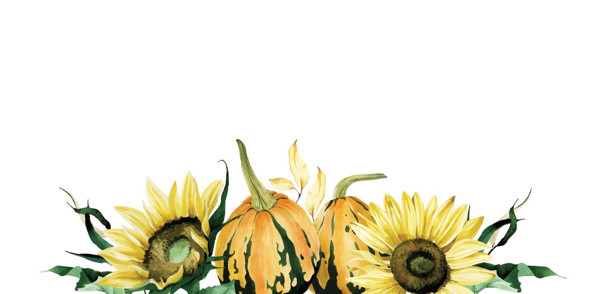 aquarel tekening samenstelling van bloemen van zonnebloem, pompoenen en bladeren. herfstboeket, oogst, Thanksgiving vakantie. elegante compositie geïsoleerd op een witte achtergrond, clipart. herfst decoratie vector