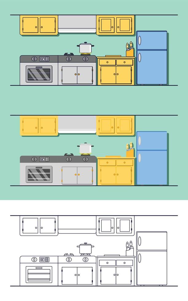 3 in 1 versie van keukensets meubelinterieur met fornuis, kasten, oven, uitlaat en koelkast vector