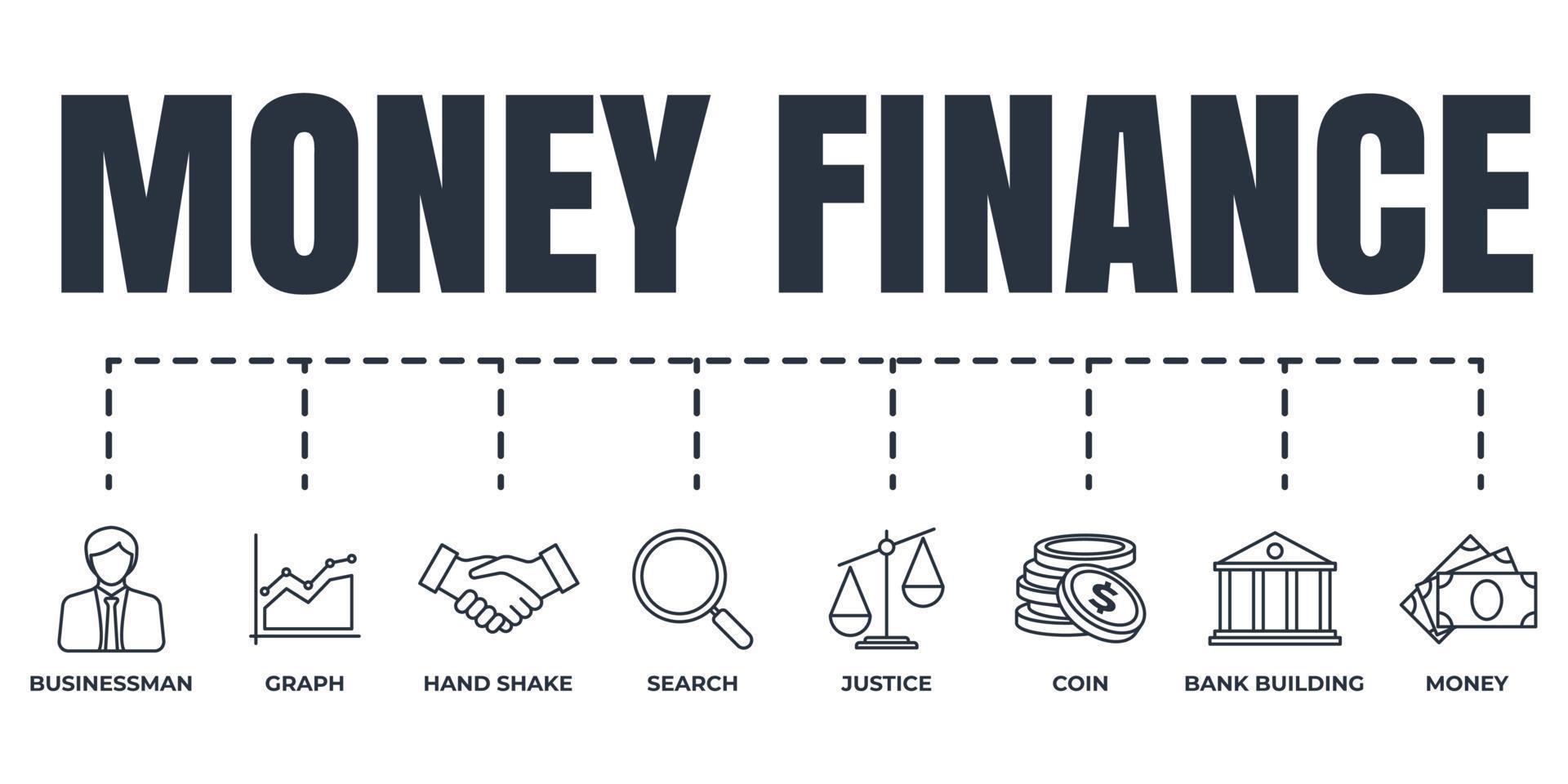 financiering banner web icon set. geld, zoeken, grafiek, zakenman, bankgebouw, justitie, munt, hand schudden vector illustratie concept.