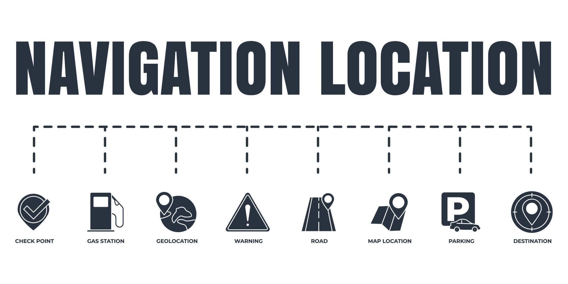 navigatie, locatie banner web icon set. waarschuwing, weg, checkpoint, benzinestation, parking, bestemming, kaart locatie vector illustratie concept.