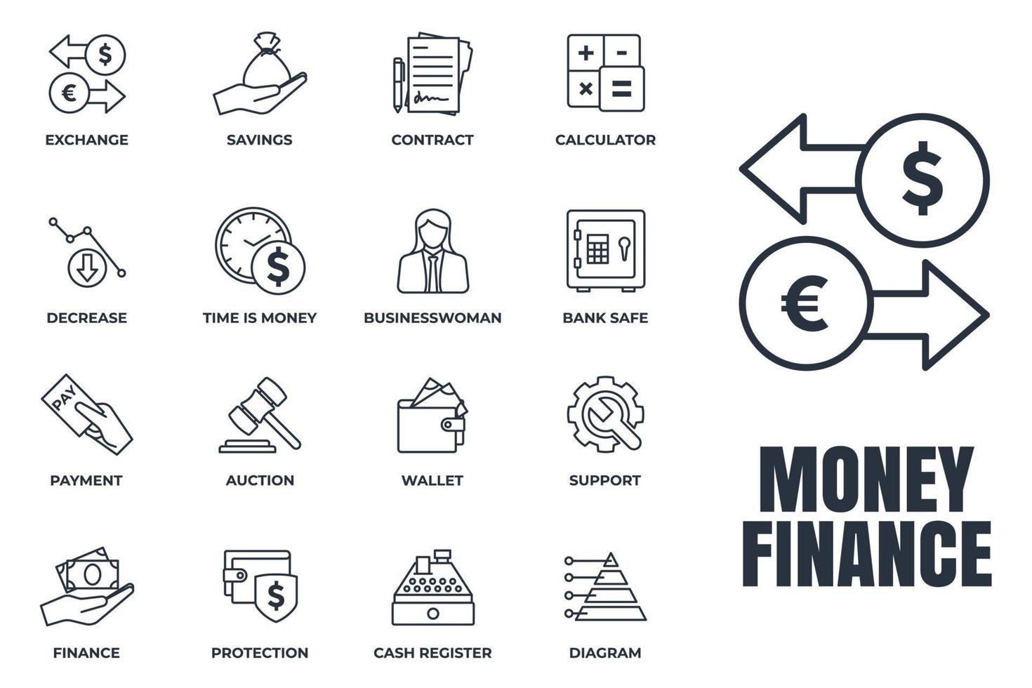 set van geld Financiën pictogram logo vectorillustratie. financieringspakket symboolsjabloon voor grafische en webdesign collectie. portemonnee, kassa, veiling, afname en meer vector