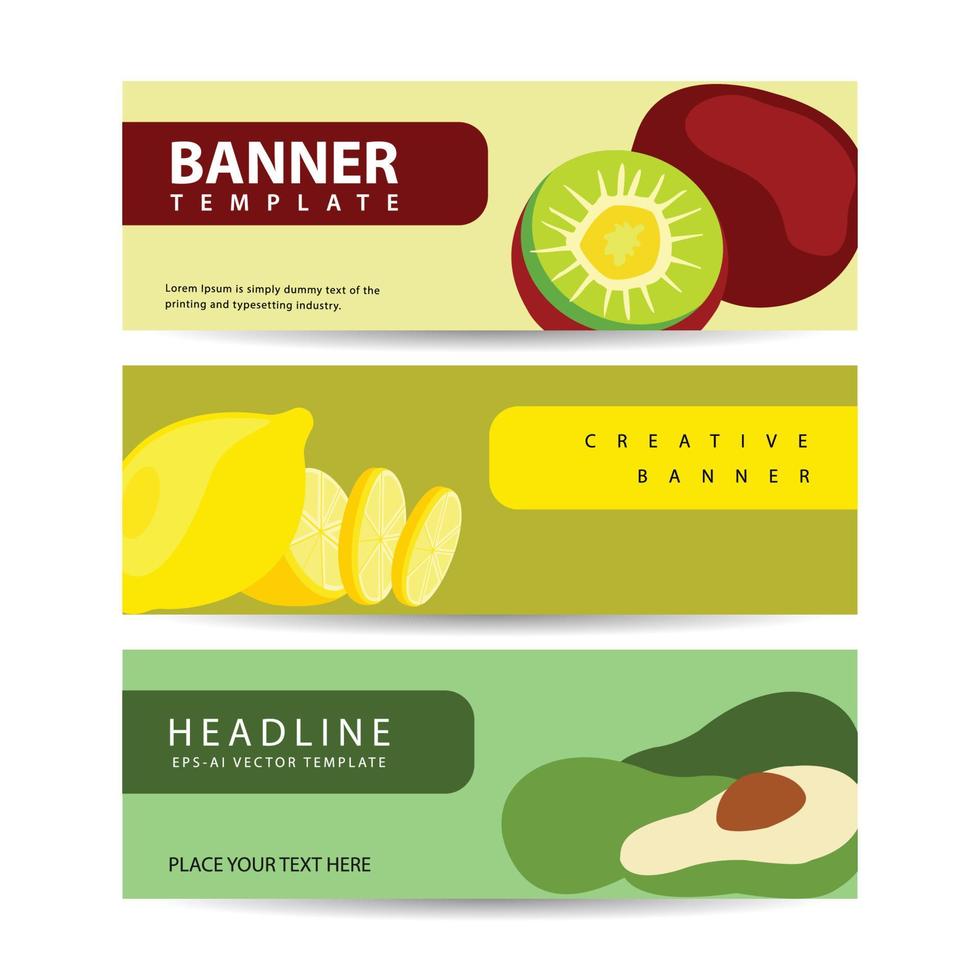 banner met vers fruit. appel, sinaasappel en avocado voor verpakking van marktvoedsel vector