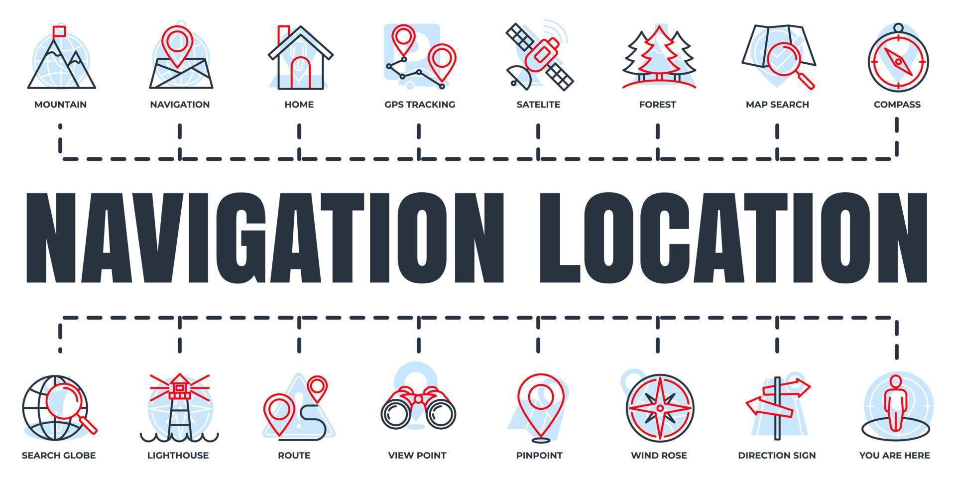 navigatie, locatie banner web icon set. huis, pinpoint, richtingsteken, kompas, kaart zoeken en meer vectorillustratieconcept. vector