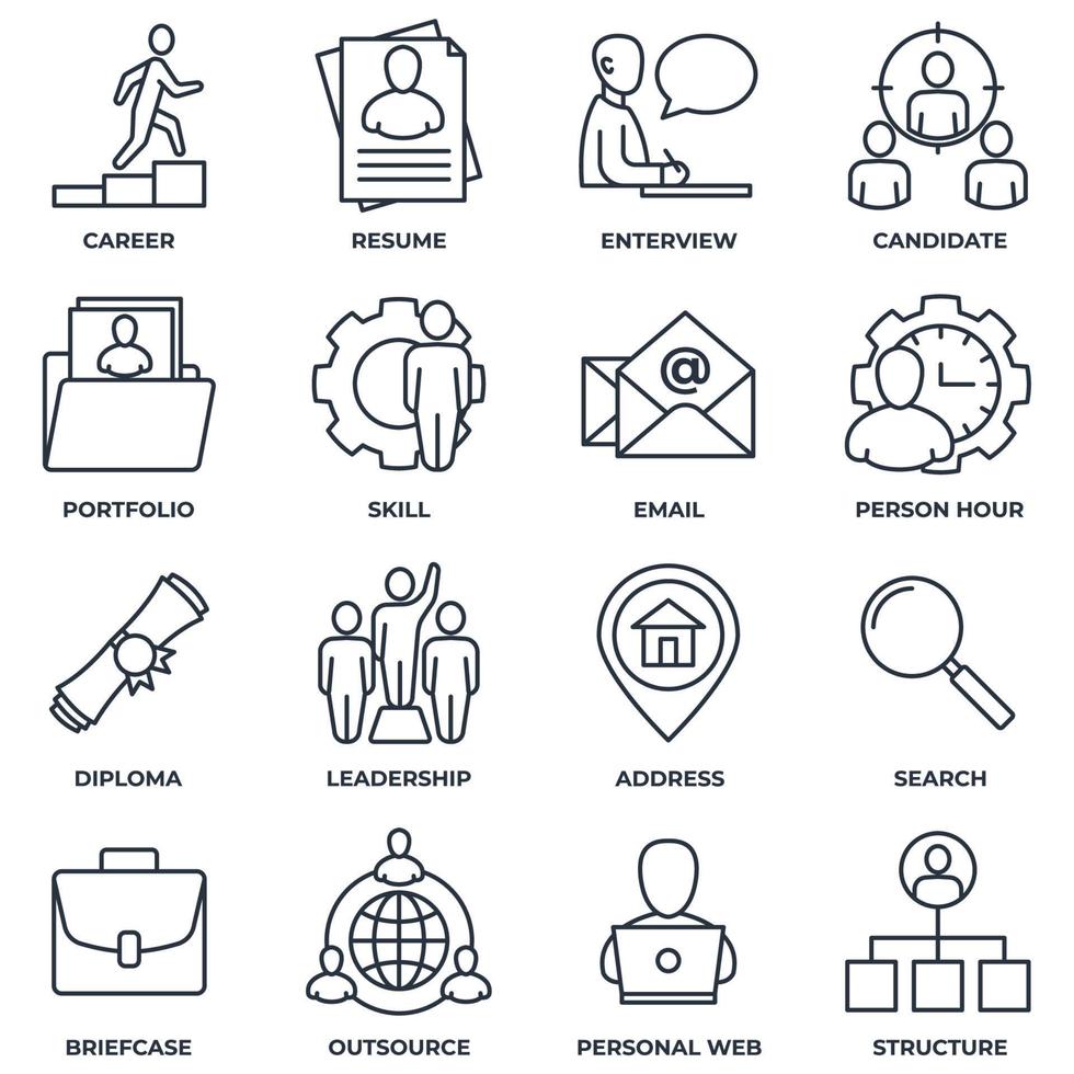 set van hoofd jagen, carrière, cv, enterview, kandidaat en meer pictogram logo vectorillustratie. wervingspakketsymboolsjabloon voor grafische en webdesigncollectie vector