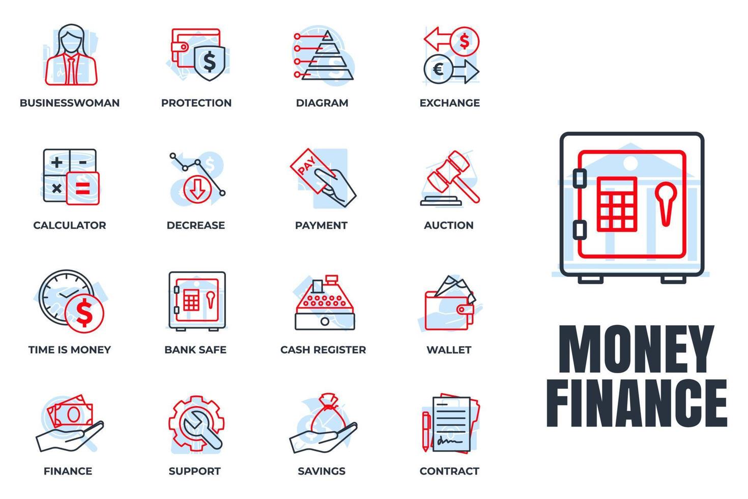 set van geld Financiën pictogram logo vectorillustratie. financieringspakket symboolsjabloon voor grafische en webdesign collectie. portemonnee, kassa, veiling, afname en meer vector