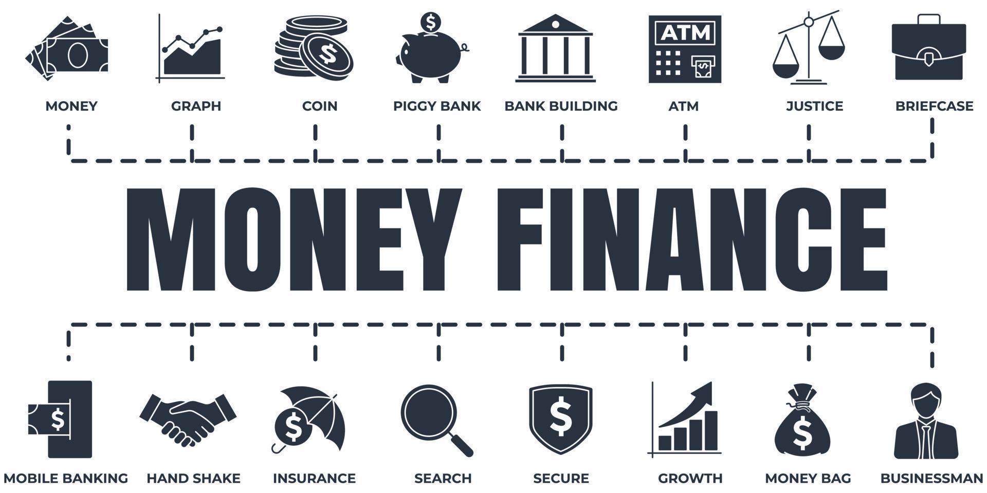 financiering banner web icon set. geld, zoeken, grafiek, zakenman, bankgebouw en meer vectorillustratieconcept. vector