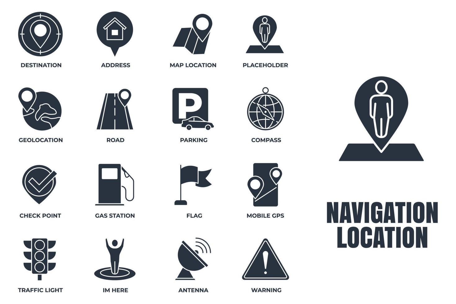 set van navigatie locatie pictogram logo vectorillustratie. locatie pack symbool sjabloon. adres, vlag, verkeerslicht, waarschuwing, weg en meer voor grafische en webdesigncollectie vector