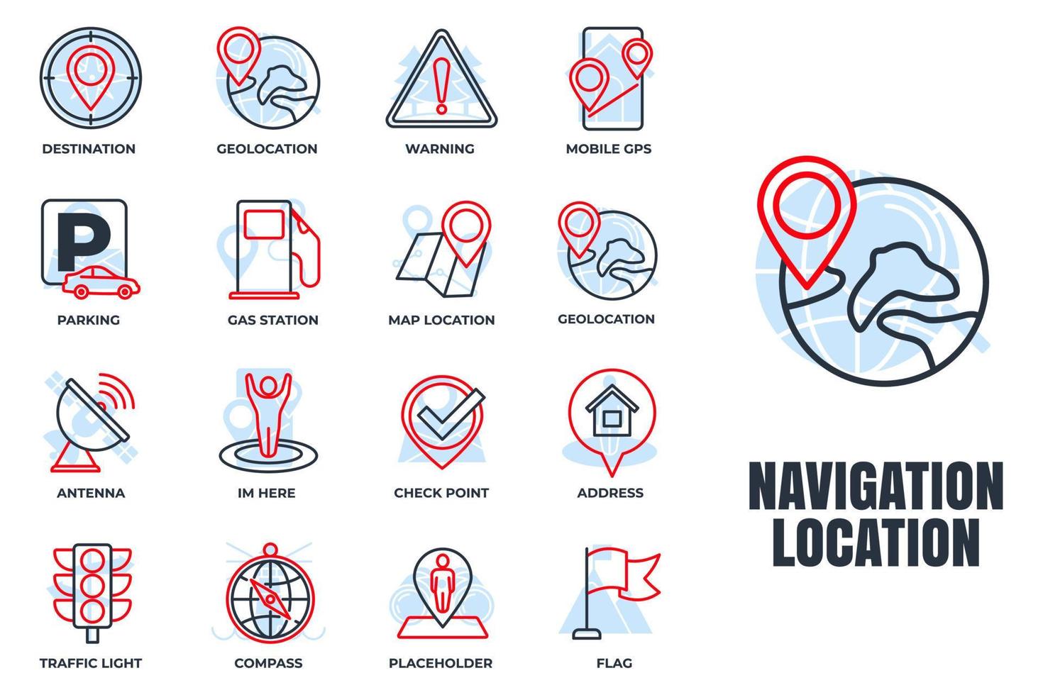 set van navigatie locatie pictogram logo vectorillustratie. locatie pack symbool sjabloon. adres, vlag, verkeerslicht, waarschuwing, weg en meer voor grafische en webdesigncollectie vector