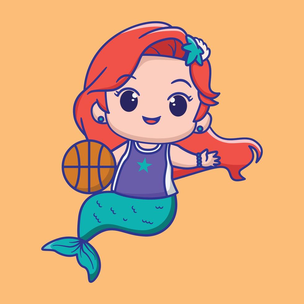 schattige zeemeermin die basketbal speelt, geschikt voor t-shirtontwerp voor kinderen vector