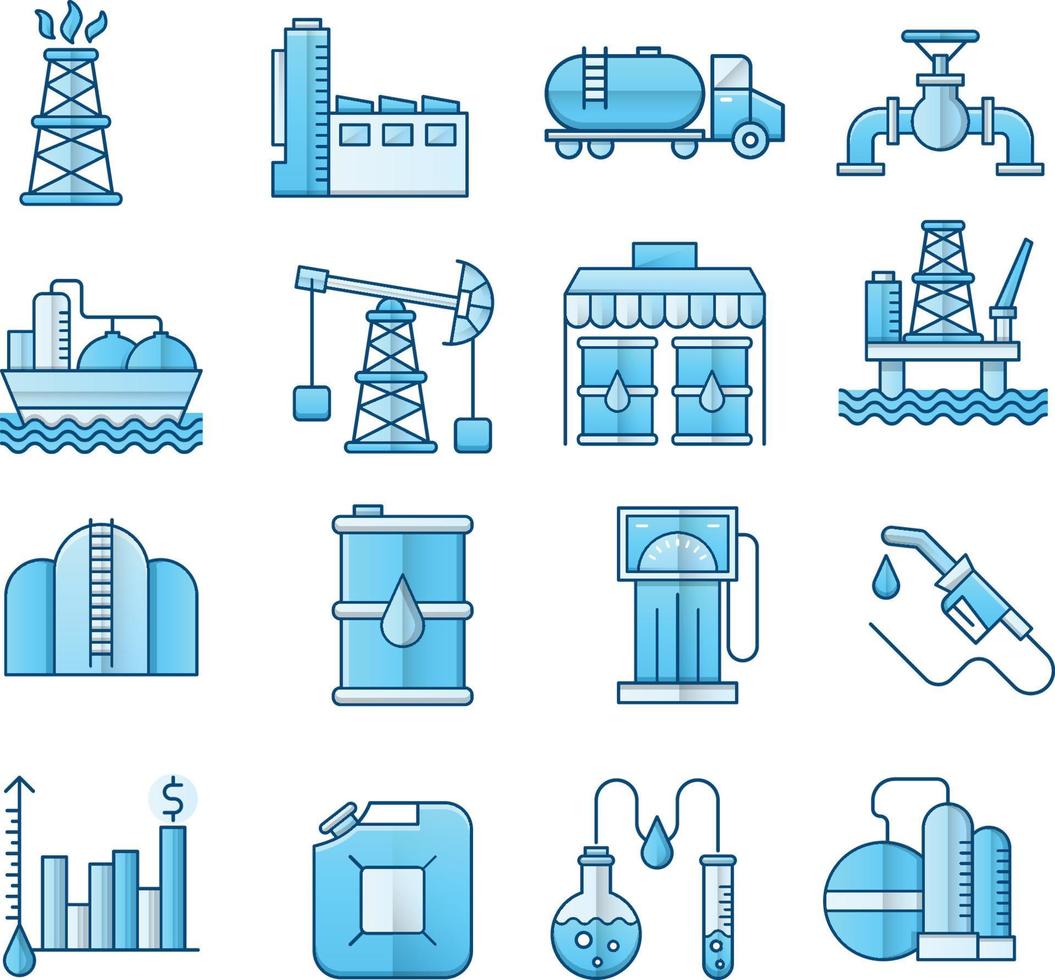 set van vector iconen gerelateerd aan de olie-industrie. bevat pictogrammen zoals benzinestation, chemische analyse, elektriciteitscentrale en meer.