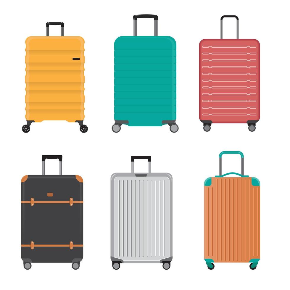 set reistassen vectorillustratie in vlakke stijl. kleurrijke toeristische bagage geïsoleerd op een witte achtergrond. grote collectie cartoon gele en oranje handtassen, en groene aktetas, blauwe rugzak vector