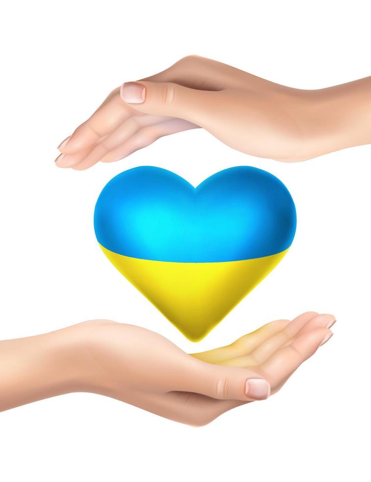 3D-realistische vector pictogram. geen oorlogsconcept. Oekraïense vlag in de vorm van een hart. hart hand in hand. geïsoleerd op een witte achtergrond.