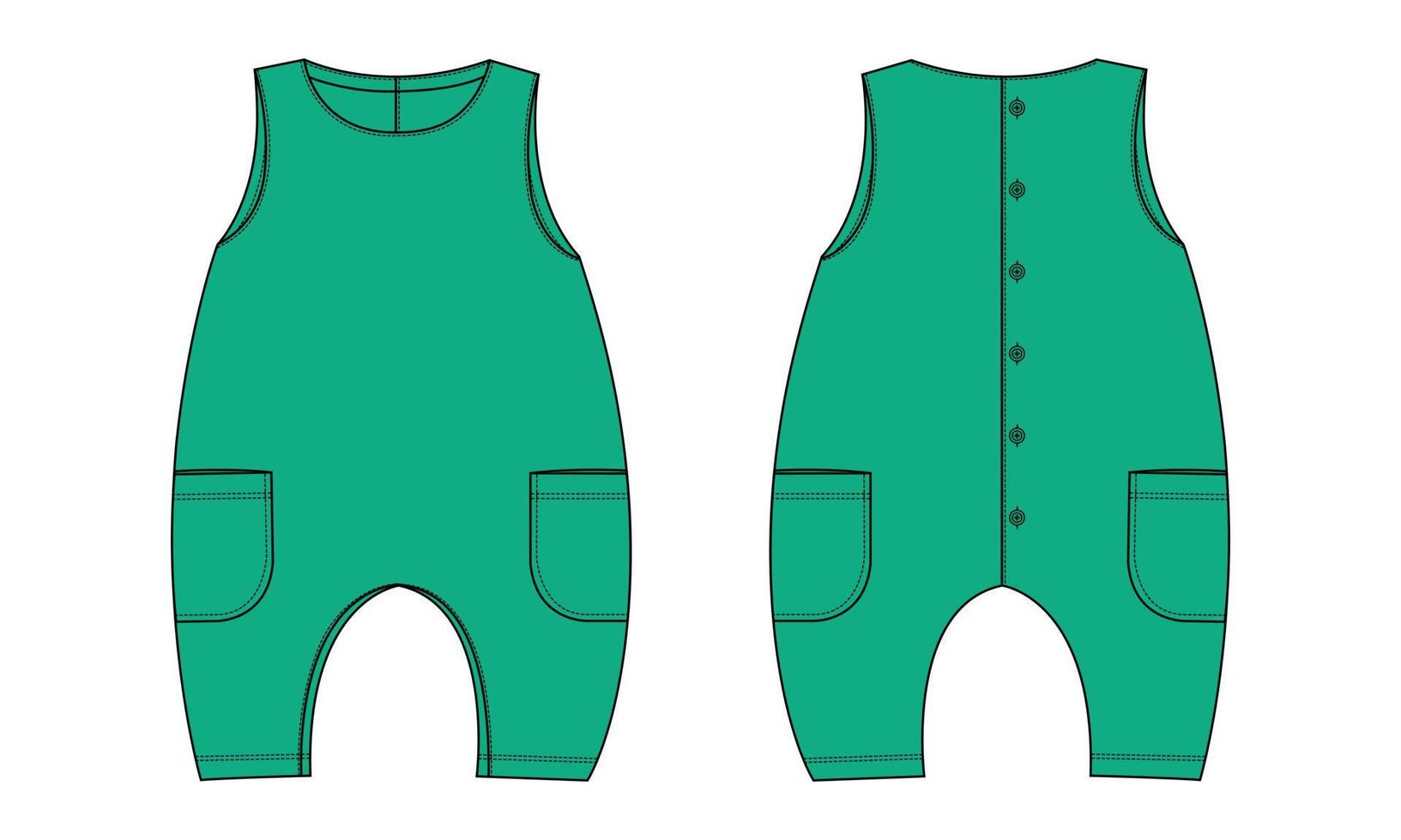 mouwloze baby romper technische mode platte schets tekening vector illustratie sjabloon