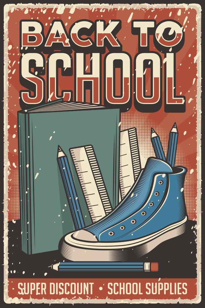 retro vintage rustieke stijl terug naar school poster voor schoolbenodigdheden winkel of winkel vector