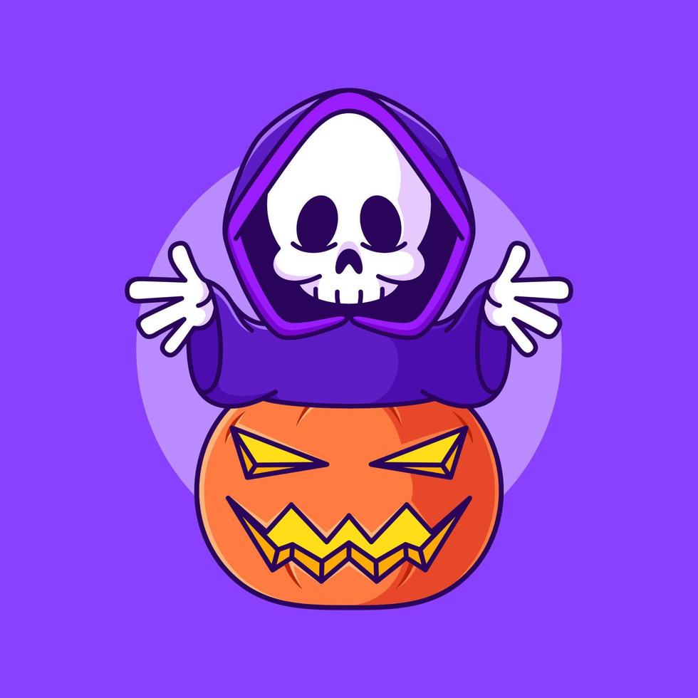 leuke halloween-pompoen en enge grim reaper cartoon pictogramillustratie vector