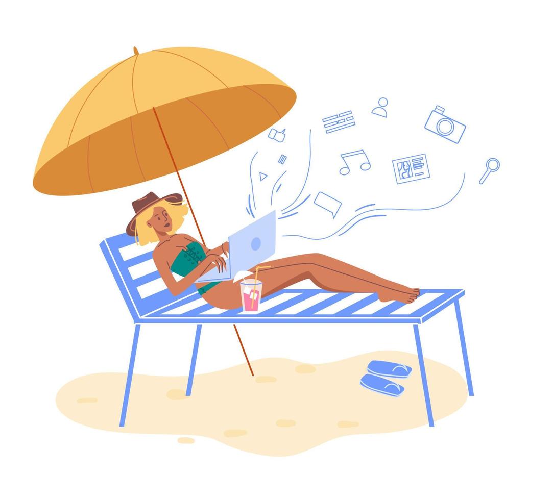 platte stripfiguur surfen op internet op reisvakantie, vectorillustratieconcept vector