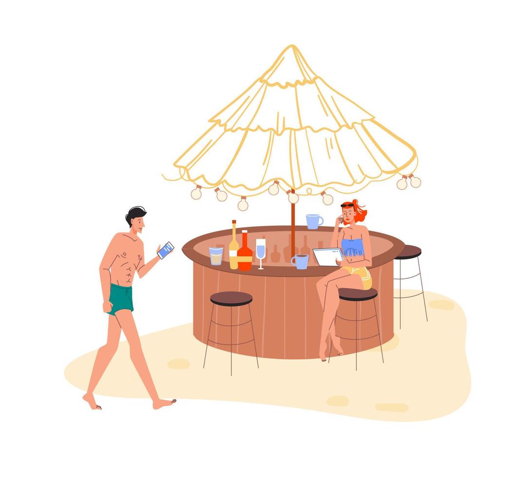 platte stripfiguur surfen op internet op reisvakantie, vectorillustratieconcept vector