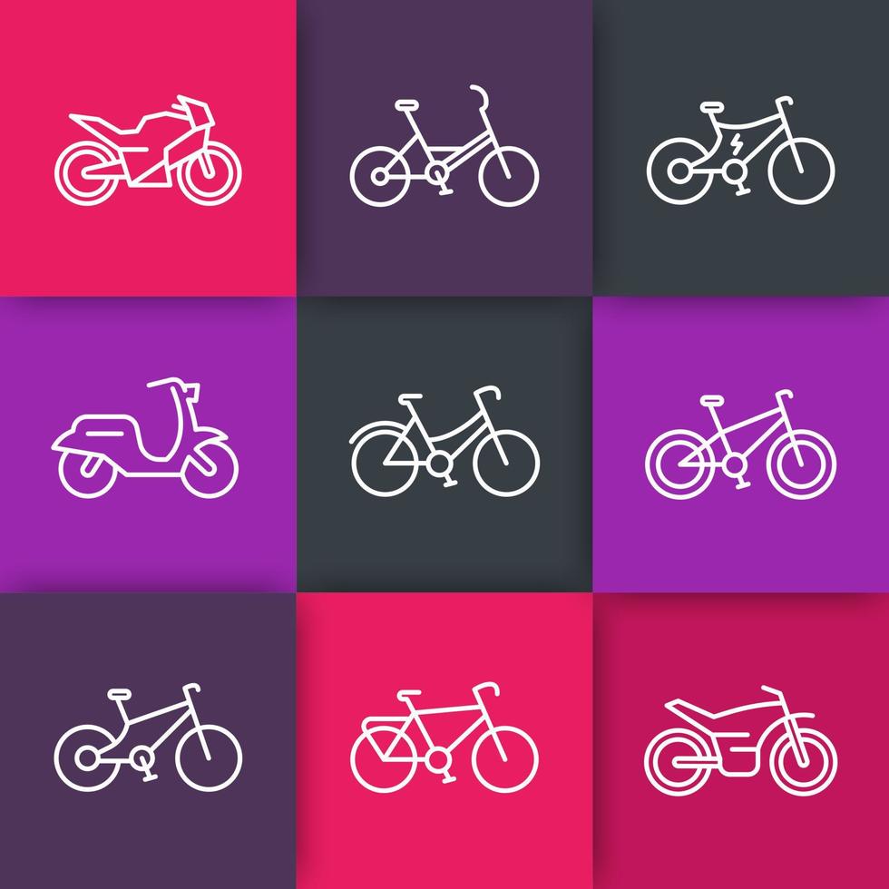 fietsen lijn pictogrammen, fietsen, fiets, motorfiets, motor, dikke fiets, scooter, retro fiets, elektrische fiets, pictogrammen op gekleurde vierkantjes, vectorillustratie vector