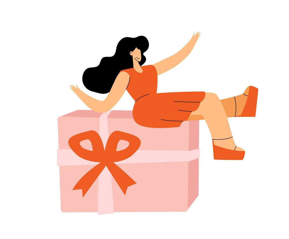 mooie vector vrouw zit op de huidige geschenkdoos. vrouwelijk personage op groot verjaardagscadeau in feestelijke verpakking. platte cartoon afbeelding geïsoleerd op een witte achtergrond