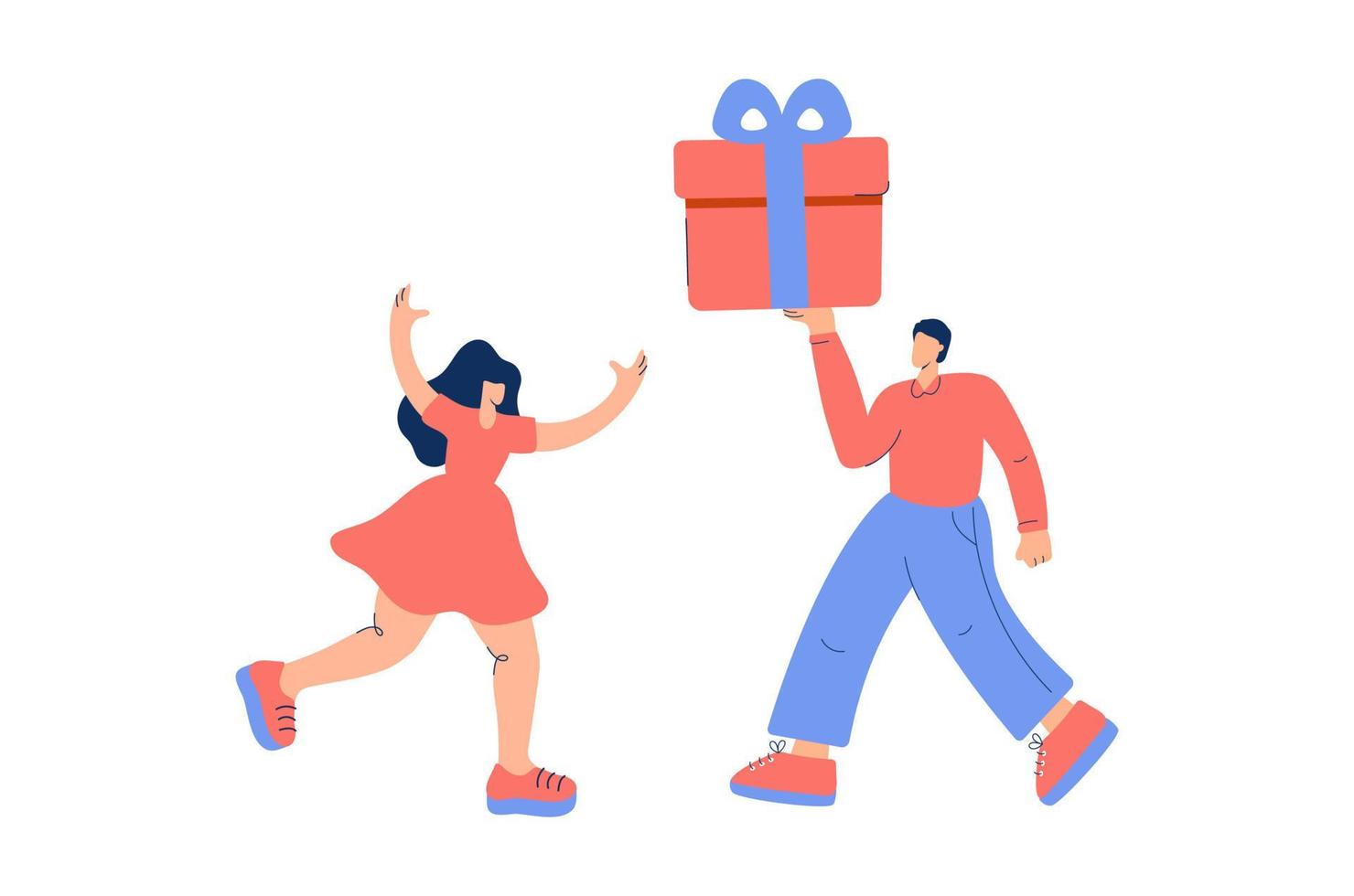 jonge man die een cadeau geeft aan zijn vriendin of vriend. verliefd stel. concept voor verjaardag, Valentijnsdag of feestdagen. platte vectorillustratie op witte achtergrond vector