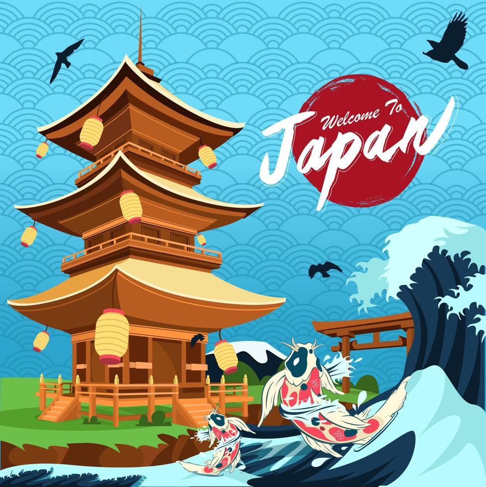 japan toerisme posterontwerp met attracties - japan reizen in het japans in het bovenste gebied vector