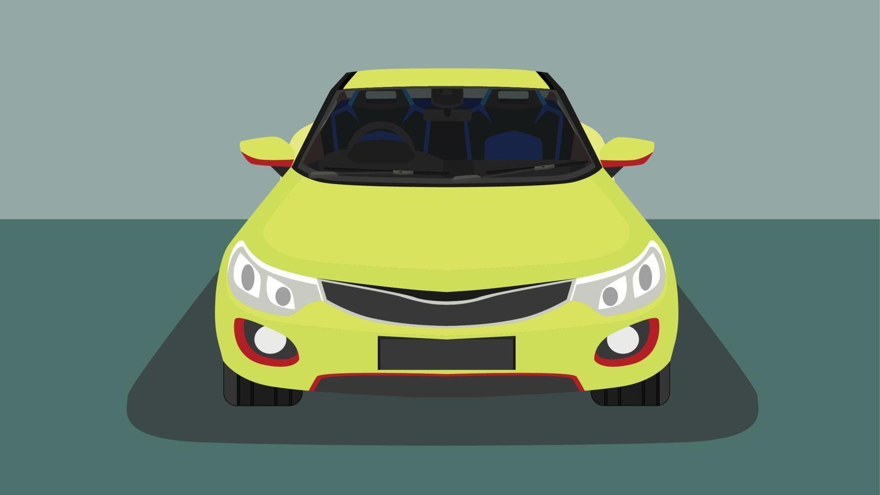 vector of illustratie van front sport auto gele kleur. zichtbare interieurversie. met achtergrond van donkergroene toon in de showroom.