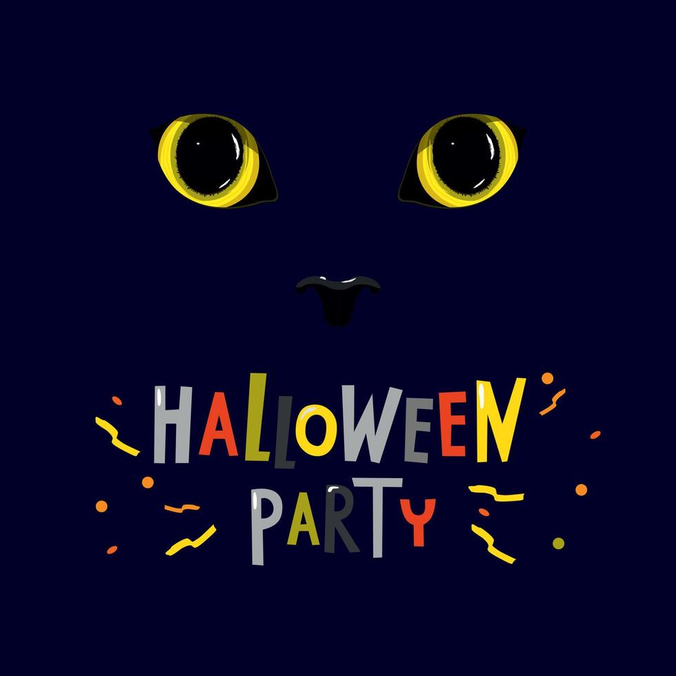gele kattenogen op een donkere achtergrond en met het bijschrift halloween party. vector