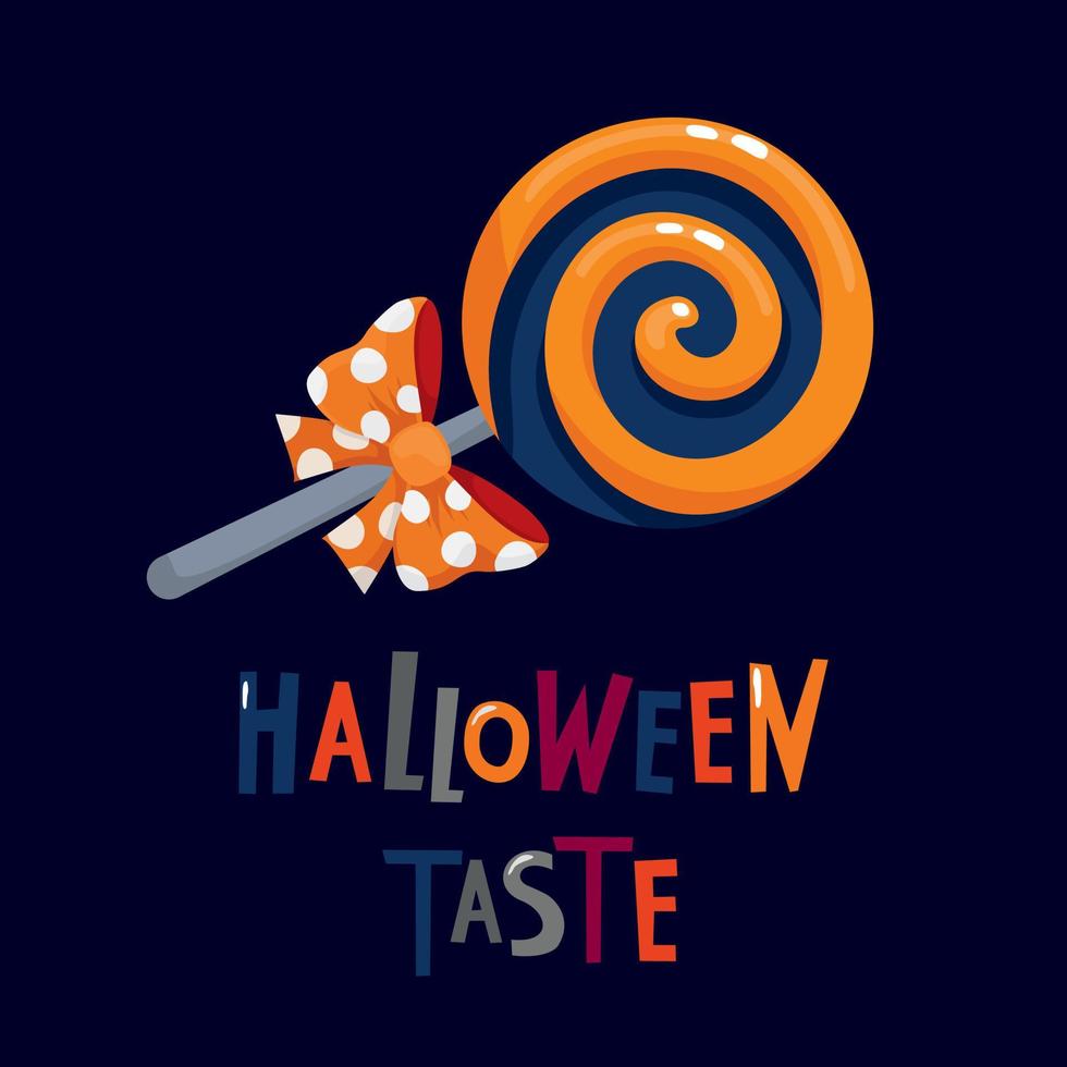spiraalvormige lolly op een donkere achtergrond en met de kenmerkende halloween-smaak. vector