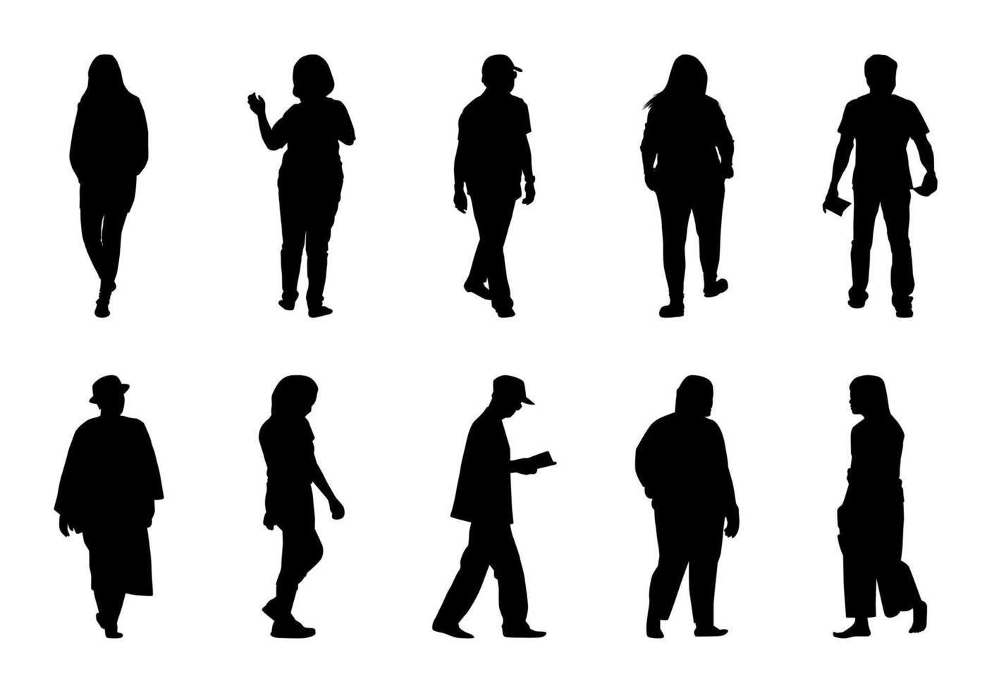 mensen silhouet lopen op witte achtergrond, zwarte mannen en vrouwen vector set