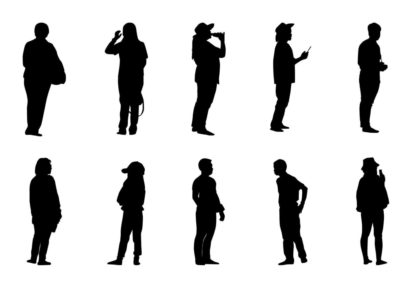 silhouet mensen staande set, zwarte mannen en vrouwen vector op witte achtergrond