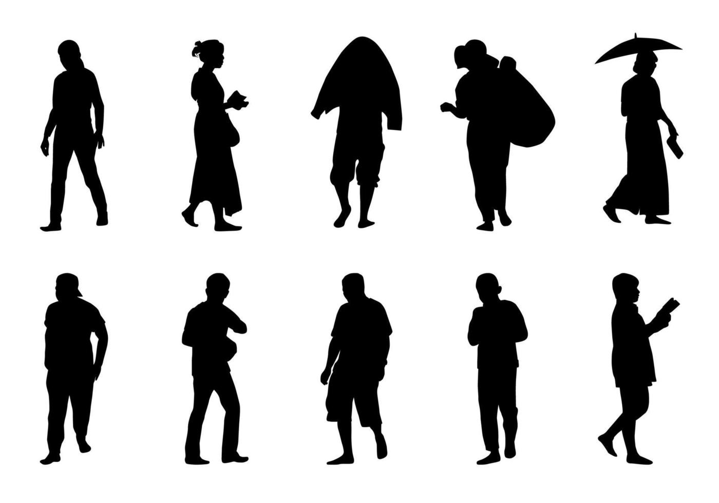 mensen lopen silhouet vector, vrouwen gebruiken smartphones en houden een paraplu vast, man met een hoed vector