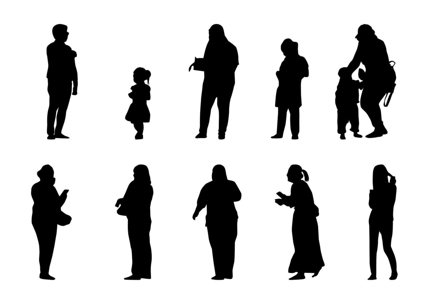 mensen staan silhouet vector, man en vrouw op witte achtergrond, moeder en kind vector