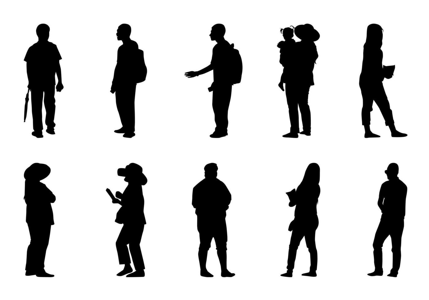 mensen silhouet staan ingesteld op een witte achtergrond, schaduw vrouwen en mannen om te reizen vector